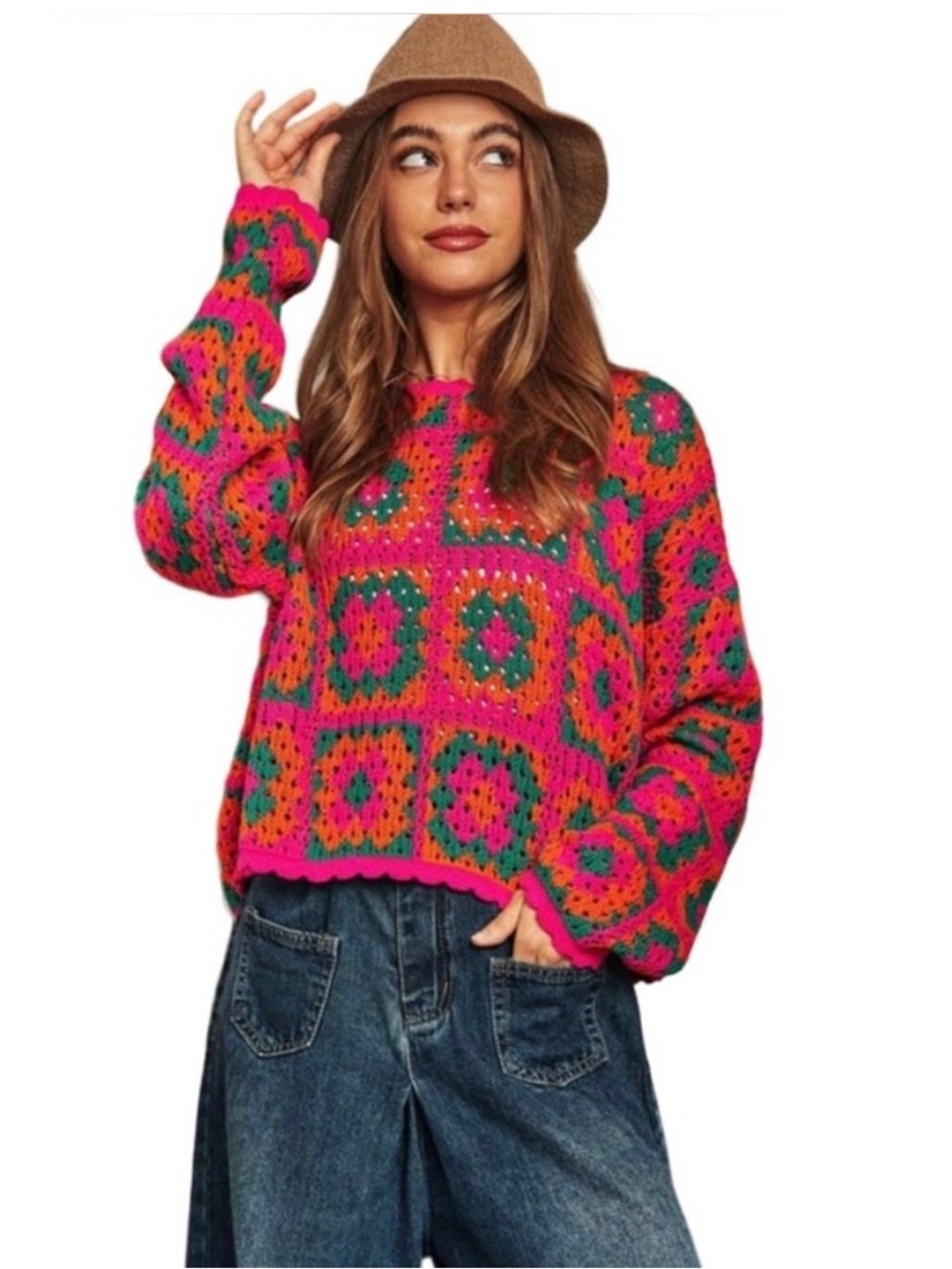 Patch Work Sweater  Crochet Sweater / Boho Sweater Davi & Dani NWT Oversized